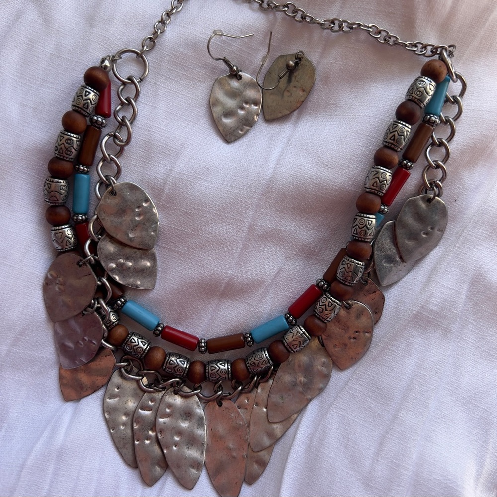 Vintage Bohemian Western Multicolor Wooden Beads Layered Necklace & earrings Set